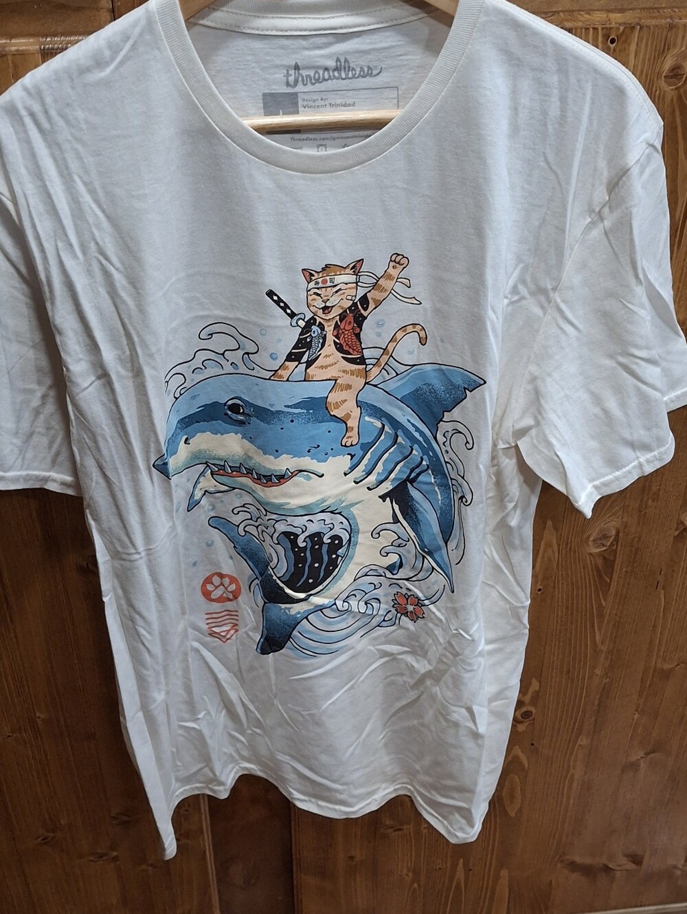 Threadless Mens Large White Tee with Orange Cat Riding Blue Shark